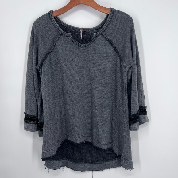 Free People Tops - Free People Grey Split Neck Oversized Boho Top